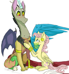 Size: 1024x1101 | Tagged: safe, artist:loladotz, discord, fluttershy, g4, arabian, clothes, costume, female, male, ship:discoshy, shipping, straight, veil