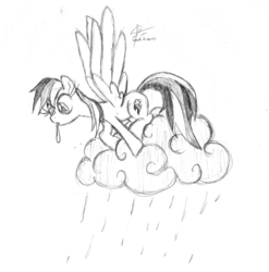 Size: 2296x2320 | Tagged: safe, artist:leadhooves, rainbow dash, g4, balloon, cloud, female, monochrome, rain, sketch, solo