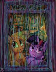 Size: 652x841 | Tagged: safe, artist:jowyb, applejack, twilight sparkle, alicorn, earth pony, pony, twijack weekly, g4, female, frown, lesbian, mare, rain, sad, ship:twijack, shipping, twilight sparkle (alicorn), window