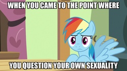 Size: 1920x1080 | Tagged: safe, edit, edited screencap, screencap, rainbow dash, flutter brutter, g4, confused, image macro, impact font, meme, questioning, sexually confused, wingboner