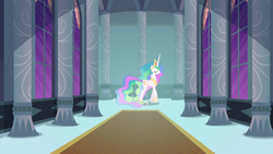 Size: 1920x1080 | Tagged: safe, screencap, princess celestia, pony, g4, princess twilight sparkle (episode), canterlot castle, eyes closed, female, hallway, mare, pillar, rug, solo, window