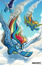 Size: 600x927 | Tagged: safe, artist:dragonbeak, rainbow dash, soarin', spitfire, pony, g4, newbie dash, clothes, wonderbolts, wonderbolts uniform