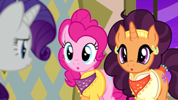 Size: 640x360 | Tagged: safe, screencap, pinkie pie, rarity, saffron masala, pony, g4, spice up your life, :o, cute