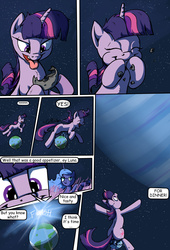 Size: 2000x2933 | Tagged: safe, artist:shieltar, part of a set, princess luna, twilight sparkle, pony, unicorn, comic:giant twilight, :p, bedroom eyes, butt, comic, debris, dialogue, eating, eyes closed, eyes on the prize, frown, giant pony, growth, happy, macro, magic, mega twilight sparkle, moon, open mouth, part of a series, planet, plot, pony bigger than a planet, pouting, puffy cheeks, sitting, smiling, space, stars, tangible heavenly object, tongue out, unamused, unicorn twilight