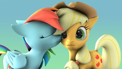 Size: 1000x562 | Tagged: safe, artist:luminousdazzle, applejack, rainbow dash, earth pony, pegasus, pony, g4, 3d, cowboy hat, cute, eyes closed, female, hat, lesbian, ship:appledash, shipping, source filmmaker, stetson