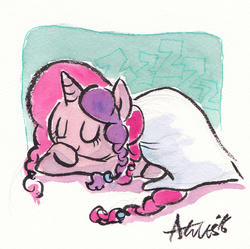 Size: 1771x1764 | Tagged: safe, artist:agnes garbowska, oc, oc only, oc:marker pony, /mlp/, 4chan, blanket, cute, mlpg, sleeping, solo, traditional art, watercolor painting