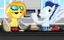 Size: 1680x1050 | Tagged: safe, artist:spitshy, madame leflour, soarin', spitfire, pegasus, pony, g4, derp, duo, duo male and female, female, food, kitchen, male, mare, pie, stallion, whipped cream