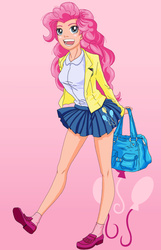 Size: 1796x2791 | Tagged: safe, artist:erim-kawamori, pinkie pie, human, g4, bag, blazer, clothes, crest, female, human coloration, humanized, miniskirt, pleated skirt, school uniform, schoolgirl, shirt, shoes, simple background, skirt, socks, solo