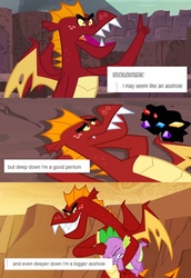 Size: 632x918 | Tagged: safe, garble, spike, dragon, g4, dragon lands, duo, duo male, gem, holding a dragon, holding a spike, language, male, molestation, personal space invasion, spike is not amused, teenaged dragon, teenager, text, tumblr, tumblr fandom text posts, unamused, wingless spike