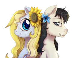 Size: 2000x1550 | Tagged: safe, artist:evomanaphy, oc, oc only, oc:evo, back to back, bust, fangs, flower, flower in hair, iceflower, looking at each other, portrait, smiling, sunflower