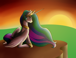 Size: 2016x1522 | Tagged: dead source, safe, artist:itsuko103, princess celestia, alicorn, pony, g4, female, sitting, solo, sunset