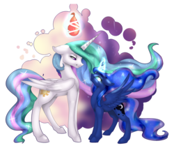 Size: 3300x2800 | Tagged: safe, artist:doodle-28, artist:minelvi, princess celestia, princess luna, alicorn, pony, g4, collaboration, duo, ethereal mane, female, floppy ears, glowing horn, grin, high res, horn, incoming prank, looking up, magic, mare, prank, royal sisters, simple background, smiling, spread wings, starry mane, telekinesis, transparent background, water balloon