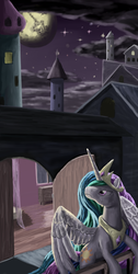 Size: 2331x4635 | Tagged: safe, artist:morevespenegas, princess celestia, g4, castle, female, mare in the moon, moon, night, solo