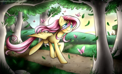 Size: 1800x1100 | Tagged: safe, artist:jadekettu, fluttershy, butterfly, deer, pegasus, pony, rabbit, g4, blushing, female, forest, mare, running, solo, sunrise, tree