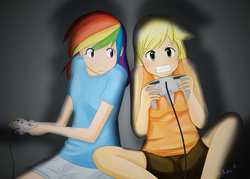 Size: 1100x786 | Tagged: safe, artist:kprovido, applejack, rainbow dash, human, g4, duo, gaming, humanized, nintendo 64, video game