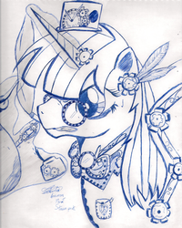 Size: 1696x2117 | Tagged: safe, artist:sebablackluna, oc, oc:fausticorn, alicorn, pony, alicorn oc, glasses, lauren faust, monochrome, ponified, steampunk, traditional art