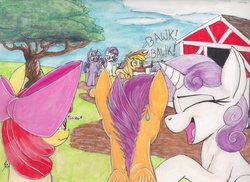 Size: 2338x1701 | Tagged: safe, artist:scribblepwn3, apple bloom, applejack, rarity, scootaloo, sweetie belle, twilight sparkle, alicorn, earth pony, pegasus, pony, unicorn, applejack's "day" off, g4, cutie mark crusaders, laughing, pen drawing, scootachicken, silly, silly pony, sweat, sweatdrop, sweet apple acres, traditional art, twilight sparkle (alicorn), watercolor painting
