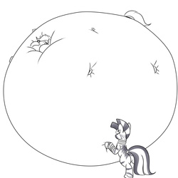 Size: 1280x1280 | Tagged: safe, artist:mad'n evil, scootaloo, zecora, zebra, g4, air inflation, inflation, monochrome, scootablimp, simple background, white background
