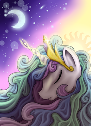 Size: 1713x2384 | Tagged: safe, artist:ellen124, princess celestia, alicorn, pony, g4, eyes closed, female, magic, moon, night, solo, sun, twilight (astronomy)