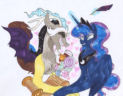 Size: 530x411 | Tagged: safe, artist:frozensoulpony, discord, princess luna, g4, female, magic, male, quill, scroll, ship:lunacord, shipping, straight, traditional art