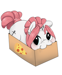 Size: 3300x4000 | Tagged: safe, artist:digitaldomain123, artist:morroderthefreakyguy, oc, oc only, oc:taffeta, pony, unicorn, :3, box, cute, diabetes, digital art, drool, food, looking at you, nom, pizza, pony in a box, prone, simple background, smiling, solo, transparent background