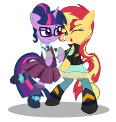 Size: 2000x2100 | Tagged: safe, artist:geraritydevillefort, sci-twi, sunset shimmer, twilight sparkle, pony, unicorn, g4, bipedal, clothes, crystal prep academy uniform, cute, equestria girls outfit, equestria girls ponified, female, high res, lesbian, ponified, school uniform, shimmerbetes, ship:sci-twishimmer, ship:sunsetsparkle, shipping, twiabetes, unicorn sci-twi