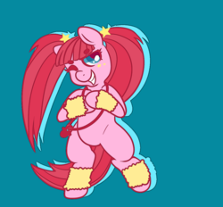 Size: 1210x1124 | Tagged: safe, artist:ponycide, pacific glow, pony, g4, arm warmers, bipedal, female, jewelry, leg warmers, necklace, pacifier, pigtails, rave pony, smiling, solo, wink