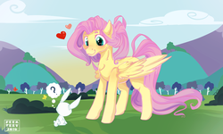Size: 1600x960 | Tagged: safe, artist:feekteev, angel bunny, fluttershy, pegasus, pony, rabbit, g4, animal, chest fluff, cute, duo, ear fluff, female, heart, heart eyes, male, mare, mountain, question mark, shyabetes, thought bubble, wingding eyes