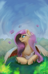 Size: 1024x1583 | Tagged: safe, artist:blindcoyote, angel bunny, fluttershy, butterfly, g4, female, floral head wreath, prone, solo