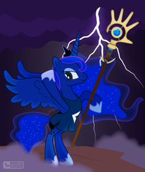 Size: 950x1125 | Tagged: safe, artist:dm29, princess luna, pony, g4, bipedal, crossover, female, lightning, populous, rearing, solo, staff, wand