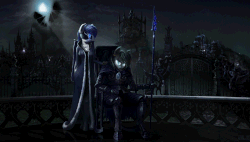 Size: 854x486 | Tagged: safe, artist:willhemtier, princess luna, oc, oc:silver specter, oc:the moonlight songtress, bat pony, anthro, unguligrade anthro, g4, animated, armor, balcony, blindfold, castle, chair, city, cloak, clothes, dress, duo, ear piercing, earring, female, fence, floating, gate, glowing eyes, hand on shoulder, jewelry, looking at you, male, mare, moon, moonlight, necklace, night guard, piercing, priestess, scenery, scenery porn, sitting, spear, stallion, statue, weapon