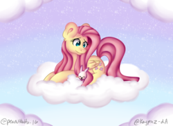 Size: 3300x2400 | Tagged: safe, artist:kaypxz, angel bunny, fluttershy, g4, cloud, high res