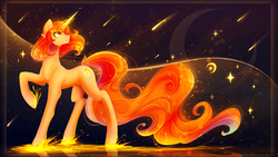 Size: 3840x2160 | Tagged: safe, artist:koveliana, oc, oc only, oc:cinder, pony, unicorn, chromatic aberration, color porn, commission, high res, looking up, magic, raised hoof, shooting star, solo, stars, wallpaper