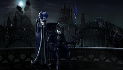 Size: 2848x1620 | Tagged: safe, artist:willhemtier, princess luna, oc, oc:silver specter, oc:the moonlight songtress, bat pony, anthro, unguligrade anthro, g4, armor, balcony, blindfold, castle, chair, city, cloak, clothes, dress, duo, ear piercing, earring, female, fence, floating, gate, glowing eyes, hand on shoulder, jewelry, looking at you, male, mare, moon, moonlight, necklace, night guard, piercing, priestess, scenery, scenery porn, sitting, spear, stallion, statue, weapon
