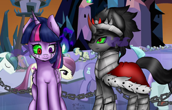 Size: 887x569 | Tagged: safe, artist:inkpill, king sombra, twilight sparkle, alicorn, crystal pony, pony, g4, bevor, boots, chains, corrupted, crown, crying, crystal empire, dark magic, female, glowing eyes, jewelry, magic, male, mind control, not sure if want, regalia, screencap background, ship:twibra, shoes, slave, slavery, sombra empire, sombra eyes, sombra's robe, straight, twilight sparkle (alicorn)