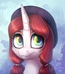 Size: 800x900 | Tagged: safe, artist:fenwaru, oc, oc only, pony, unicorn, beret, bust, female, freckles, mare, pigtails, portrait, smiling, solo, twintails