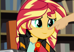 Size: 1023x719 | Tagged: safe, edit, edited screencap, screencap, sunset shimmer, equestria girls, g4, my little pony equestria girls: friendship games, best human, boop, boop edit, cute, hand, inverted mouth, ribbon, shimmerbetes, smiling, when she smiles