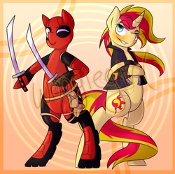 Size: 895x892 | Tagged: safe, artist:woogiegirl, sunset shimmer, pony, unicorn, g4, clothes, crossover, deadpool, duo, jacket, katana, marvel, ponified, sword, wade wilson, watermark, weapon