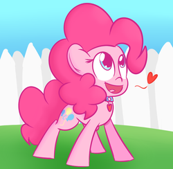 Size: 1016x992 | Tagged: safe, artist:mr-degration, pinkie pie, earth pony, pony, g4, collar, cute, female, floating heart, heart, open mouth, open smile, pet play, pony pet, puppy pie, smiling, solo