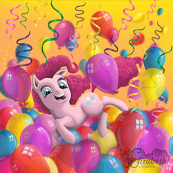 Size: 1236x1235 | Tagged: safe, artist:heylizabeth01, pinkie pie, earth pony, pony, g4, balloon, female, mare, open mouth, solo, streamers, that pony sure does love balloons