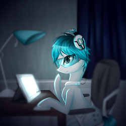 Size: 1000x1000 | Tagged: safe, artist:yuntaoxd, oc, oc only, blue, computer, glasses, headphones, jewelry, necklace, short hair, short mane, solo