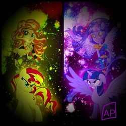 Size: 894x894 | Tagged: safe, artist:mlpariana, sunset shimmer, twilight sparkle, pony, unicorn, equestria girls, g4, my little pony equestria girls: friendship games, twilight sparkle (alicorn)