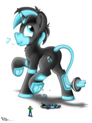 Size: 4130x5530 | Tagged: safe, artist:fandroit, oc, oc only, oc:lenny light, oc:mike, human, original species, pony, unicorn, absurd resolution, car, crushing, giant pony, glowing, hooves, macro, male, plug, smiling, underhoof, whistling