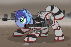 Size: 3000x2015 | Tagged: safe, artist:mrlolcats17, oc, oc only, oc:scout charger, earth pony, pony, fallout equestria, anti-tank rifle, applejack's rangers, battle stance, commission, determined, high res, minigun, power armor, powered exoskeleton, solo, steel ranger, weapon