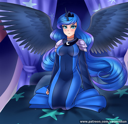 Size: 1000x971 | Tagged: safe, artist:racoonsan, princess luna, human, g4, bed, bedroom, breasts, busty princess luna, clothes, cute, dress, female, horn, horned humanization, humanized, kneeling, looking at you, lunabetes, solo, spread wings, tsundere, tsunderuna, winged humanization, wings