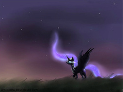 Size: 1024x768 | Tagged: safe, artist:xpaourinx, nightmare moon, g4, female, glowing eyes, solo, spread wings, stars, twilight (astronomy)