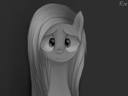 Size: 945x708 | Tagged: safe, artist:rin-kot, fluttershy, g4, bust, female, grayscale, looking at you, monochrome, no more ponies at source, portrait, sad, simple background, solo, unhappy