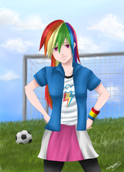 Size: 2480x3425 | Tagged: safe, artist:jenyeongi, rainbow dash, equestria girls, g4, clothes, compression shorts, female, field, football, high res, humanized, skirt, solo