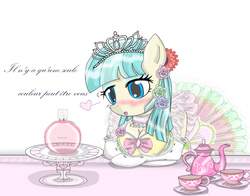 Size: 2800x2200 | Tagged: safe, artist:avchonline, coco pommel, earth pony, anthro, g4, arm hooves, ballerina, blushing, breasts, busty coco pommel, canterlot royal ballet academy, chanel no. 5, cleavage, clothes, cocobetes, cute, dress, evening gloves, female, flower, flower in hair, food, french, frilly dress, gloves, grammar error, high res, hooves on the table, jewelry, makeup, mare, perfume, solo, tea, tea set, teacup, teapot, tiara, translated in the description, tutu