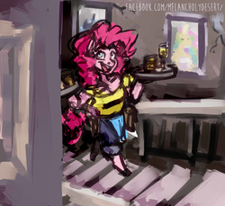 Size: 1486x1359 | Tagged: safe, artist:lya, pinkie pie, earth pony, anthro, g4, alcohol, beer, champagne, colored, concept art, female, glasses, kezsüel, post-apocalyptic, roleplay, smiling, solo, stairs, waitress, walking, wine